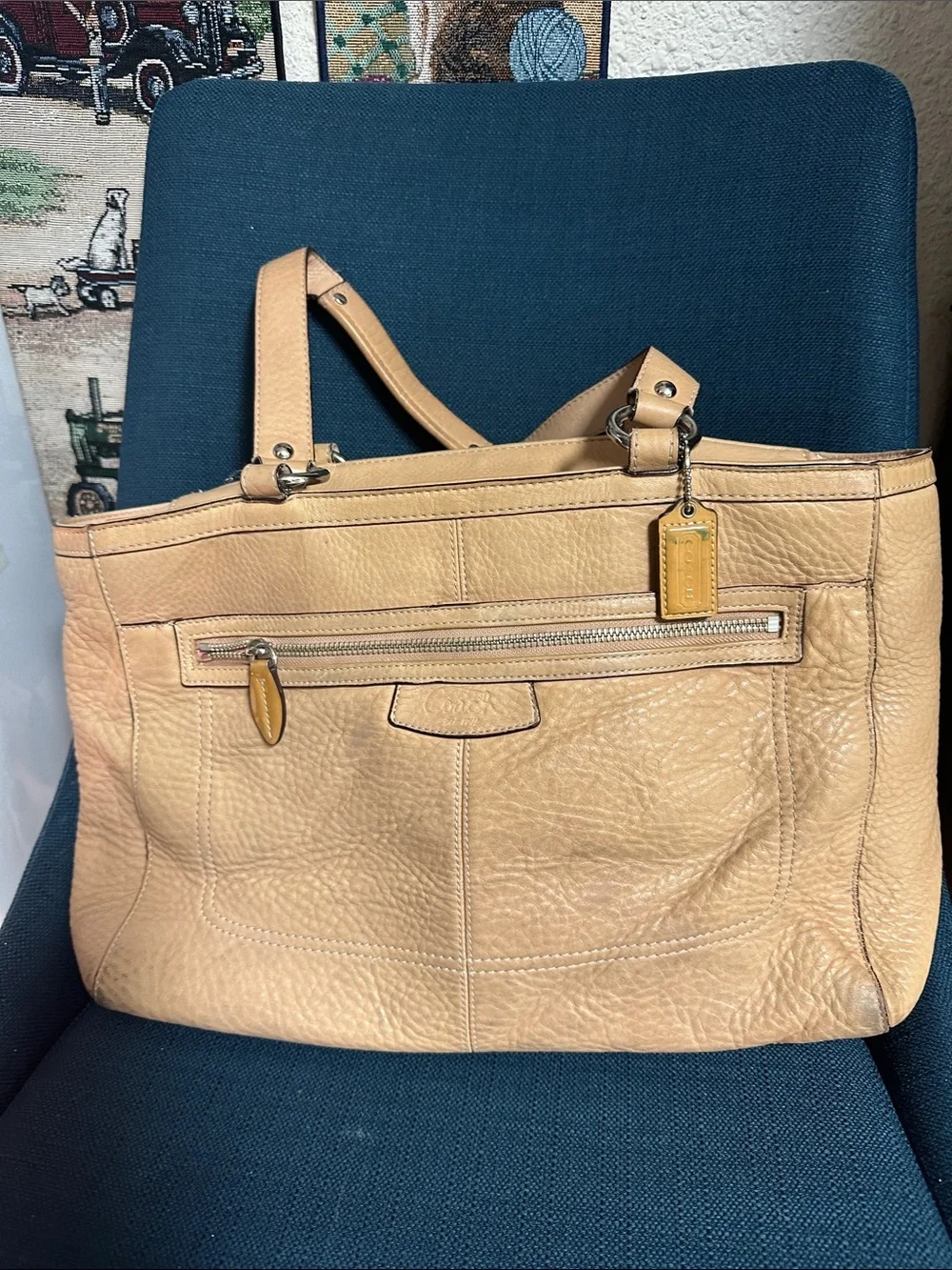 Coach Tan Pebbled Leather Tote with Front Zip Pocket